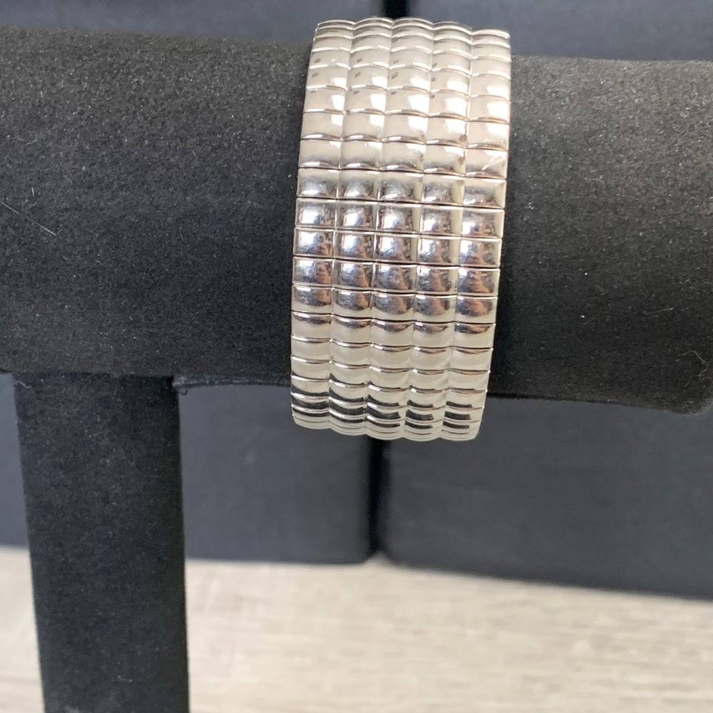 Silver Tone Textured Grid Stretch Expansion Link Bracelet Wide Band 4129
